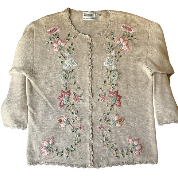 Shenanigans Women Beautiful Knit Jackets size L Natural Beige Floral Embroidery - Picture 1 of 11